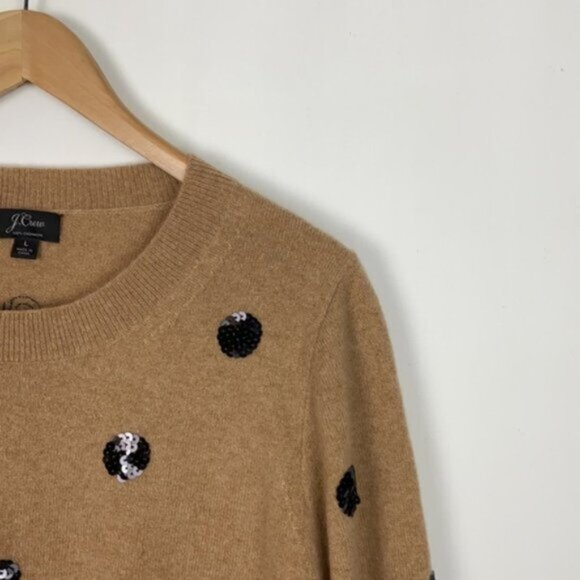 J.Crew L Cashmere Sweater Beige Black Sequins Polka Dots - Picture 6 of 15